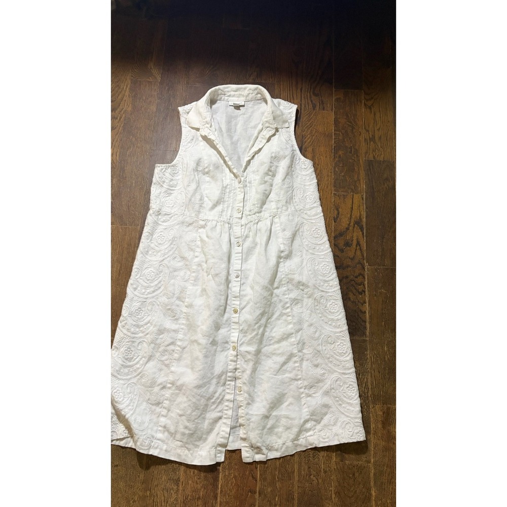 NWT J Jill Love 100% Linen Embroidered Dress S White Button Front Cottage Floral